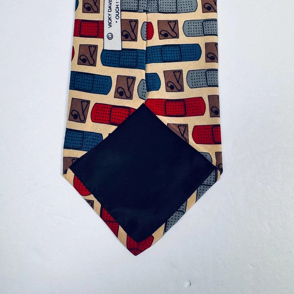 Vicky Davis Tie Silk Necktie Medical Bandage Print Novelty Cream Red Blue Doctor